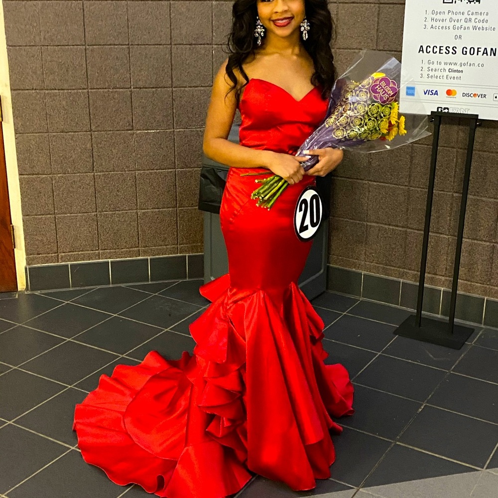Beautiful red dress with layered satin train